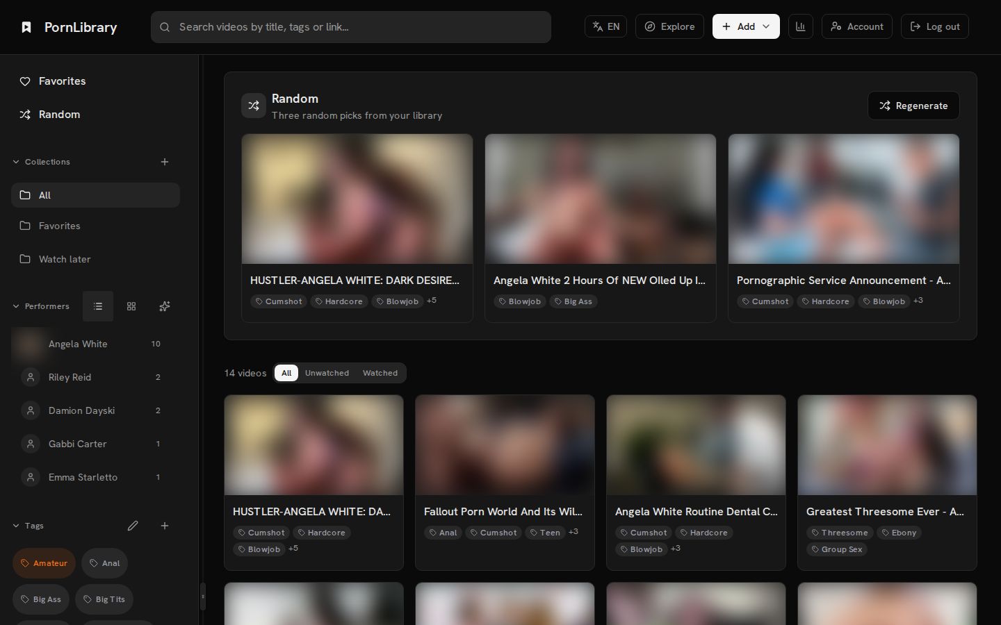 The PornLibrary library with 14 saved videos: search, collections, performers and tags in view; thumbnails are blurred.